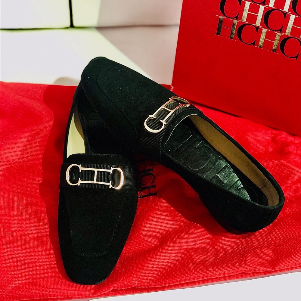 One day used, cashmere Carolina Herrera flats, black with gold lettering, size 6